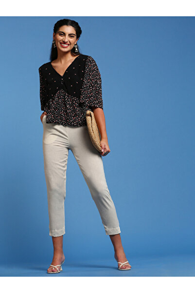 De Moza By Styli Cream Woven Cotton Pants