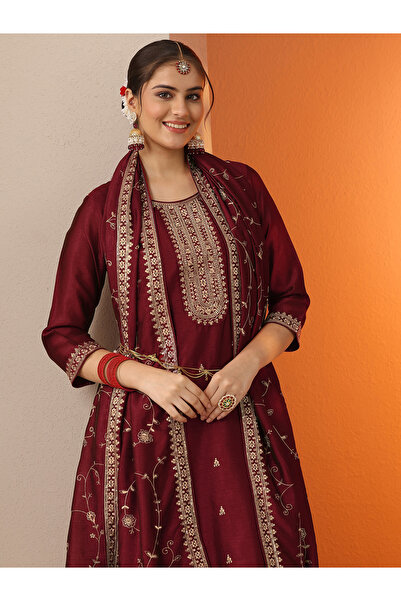Libas By Styli Maroon Embroidered Silk Blend Straight Kurta, Trousers and Dup...