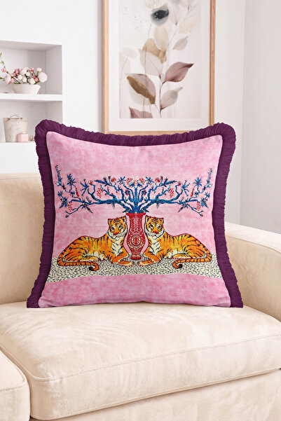 Realhomes Tiger Figured Vase and Tree Motif Fringed Throw Pillow Cover - Retr...