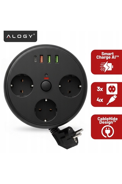 ALOGY Prelungitor de perete 7-în-1, 3 prize, 3 porturi USB-A, USB-C, cablu re...