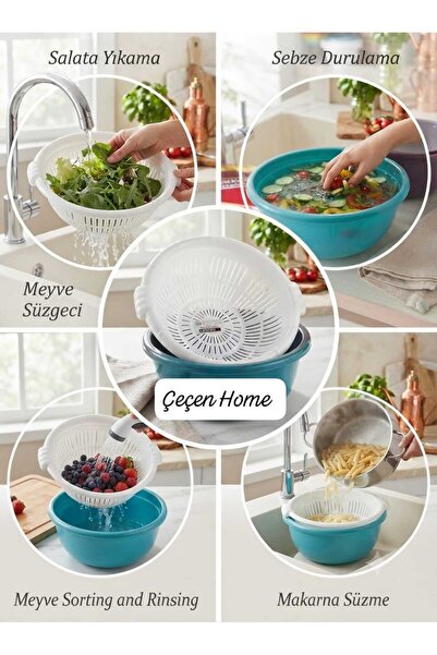 ÇEÇEN HOME 33 cm Wide Multi-Purpose Colander Bowl - Double Layer Perforated V...