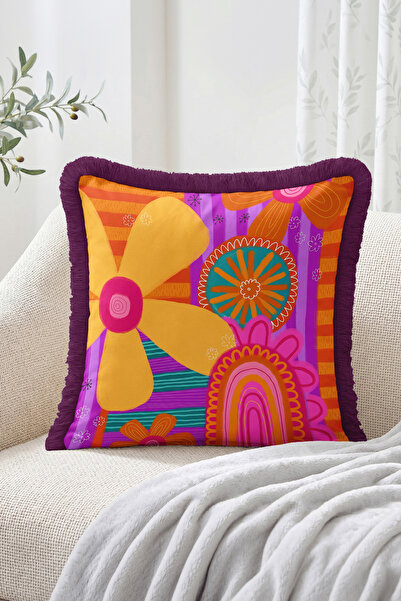 Realhomes Fringed Throw Pillow Cover with Colorful Abstract Floral and Stripe...