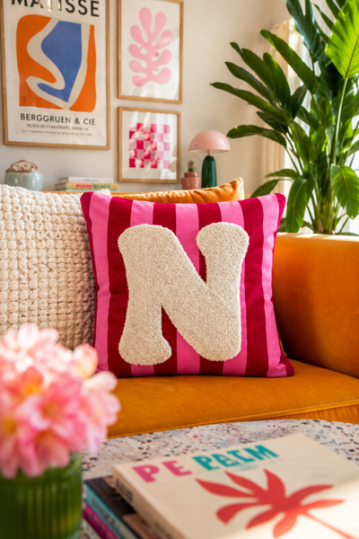 Pilloveland Punch Embroidered Throw Pillow Cover - 43*43 cm - Pink Letter N -...