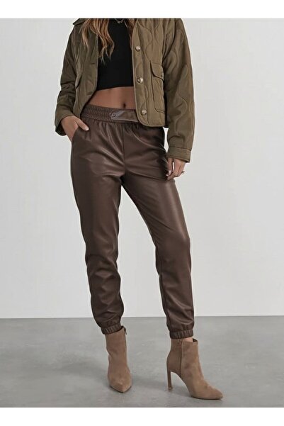 Wear Up Women's High Waist Elastic Front Buttoned Leather Pants