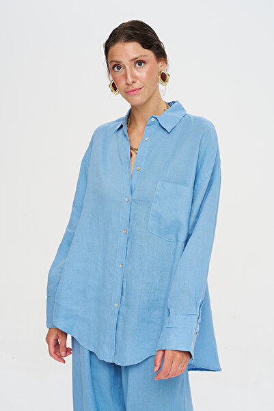 Orfeo Negro Women's Single Pocket Flowy Relaxed Fit 100% Linen Shirt