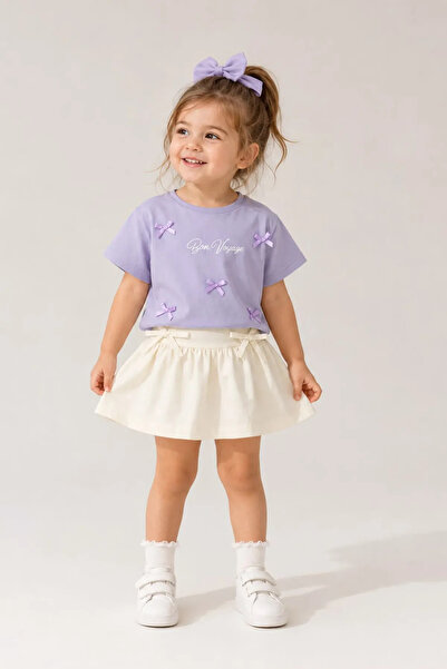 Minigimin Cicileri Bon Voyage Bowknot Detailed Girls' Balloon Skirt Set - Lilac