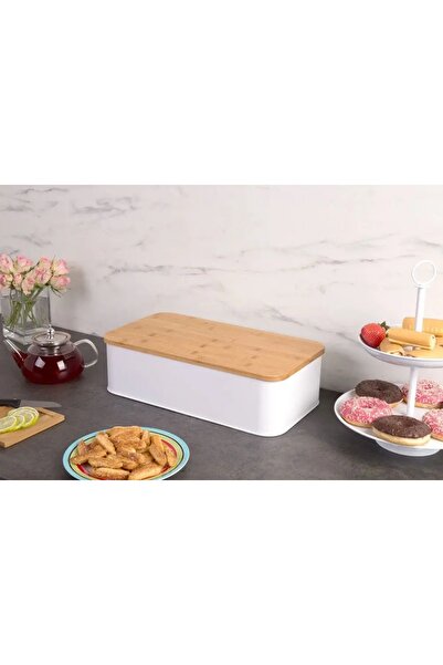 zeller Cutie de pâine metalică albă + Tocător din bambus 43x23 cm