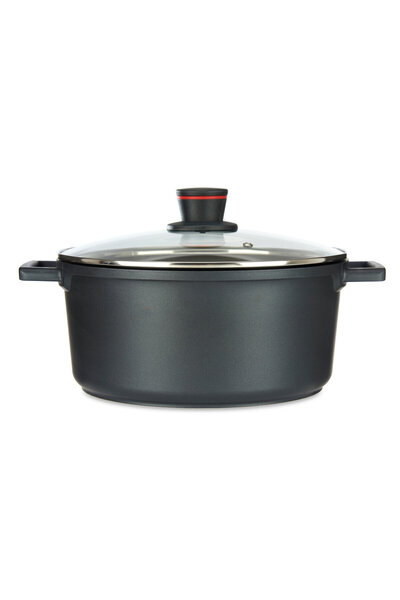kinvara Vas de gătit cu capac, din aluminiu, rotund, negru, 28x16,7 cm, cu mâ...