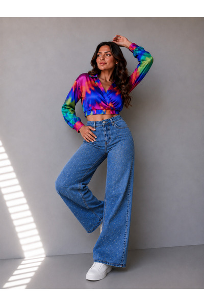 nd jeans High Waist Wide Leg Stoned Denim Trousers