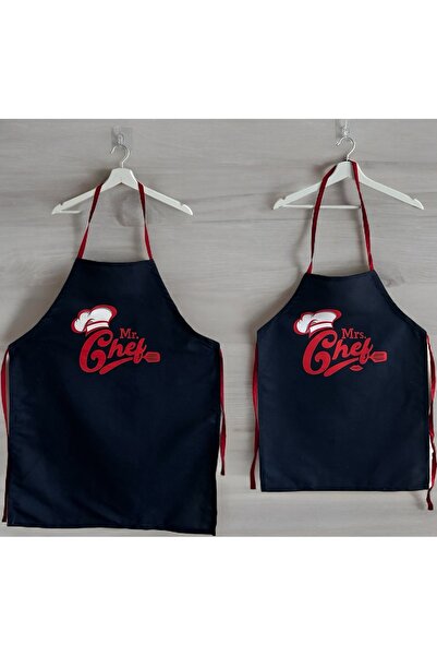 KEDİ Mr. & Mrs. Chef Designed Dark Blue Double Kitchen Apron Set (Set of 2)