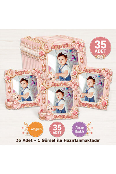 35 Adet Kişiye Özel Fotoğraflı Kız Bebek Mevlüt Magneti Pembe Ay Dede Konseptli Hediyelik