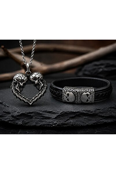 voyageaccessory İkili Set Kafatası Detaylı Deri Siyah Örgü Bileklik ve Gotik ...