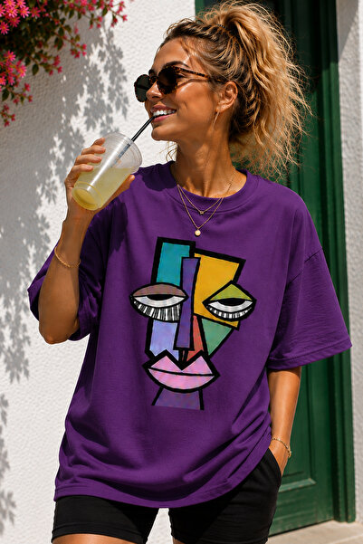 ArtYus Modern Abstract Face Print Crew Neck Casual Unisex Oversize T-Shirt - ...