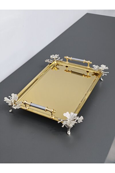 PARILTI HOME COLLECTİON Figured, Metal Handle, Stainless Steel Rectangular Tr...