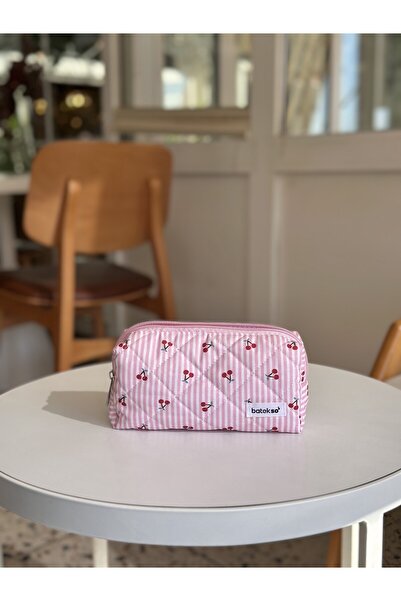 Batekso Pembe Çizgili Kiraz Desenli Kalem Çantası