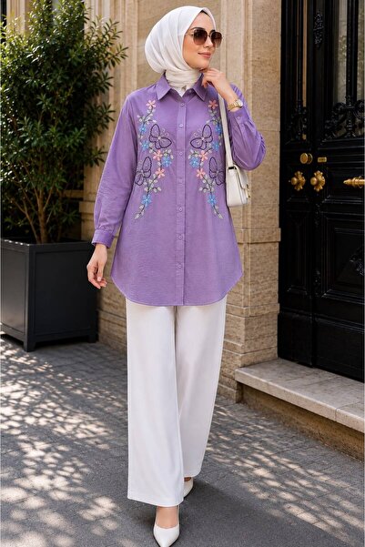 morlifefashion MOR LİFE FASHİON KADIN ÇİÇEK NAKIŞLI ÇİLEK KUMAŞ GÖMLEK