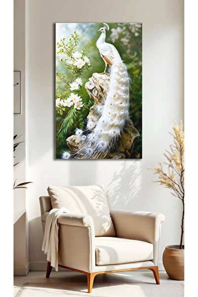 Evnora Home Decor Zarif Beyaz Tavus Kuşu Cam Tablo