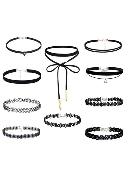 VeeShop Σετ 10 κολιέ τσόκερ, Βελούδινα, δαντελένια, τσόκερ τατουάζ, με λουλού...