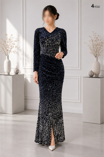 Nobrand Navy Blue Shiny Evening Dress Long Sleeved Elegant Cut Evening Gown