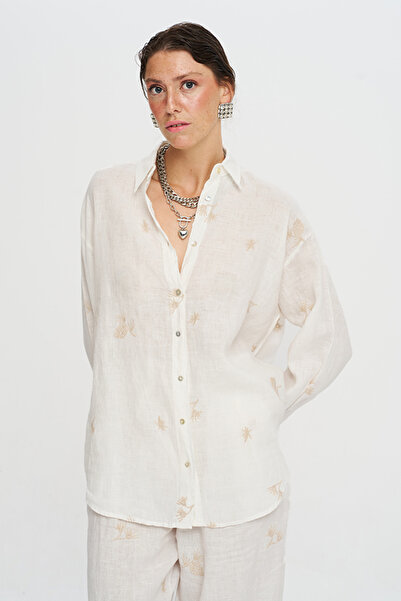 Orfeo Negro Women's Embroidered Flowy 100% Linen Ecru Shirt