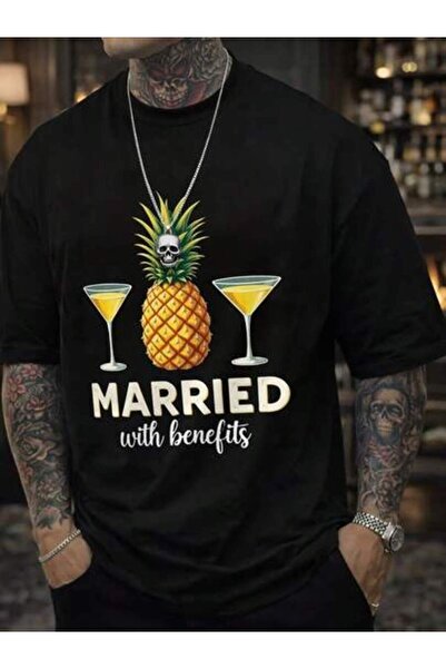 Astogria13 Men's _Married Benefits_ T-Shirt - Oversized With Slogan Round Nec...