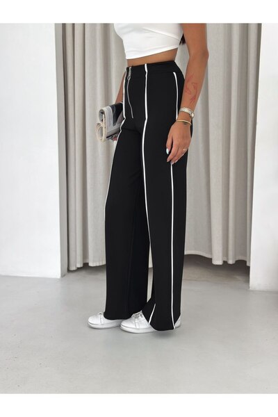 Gugus Monza – Women's High Waist Front Zipper Contrast Piping Wide Leg Pants