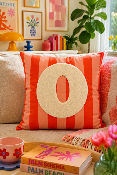 Pilloveland Punch Embroidered Throw Pillow Cover - 43*43 cm - Orange Letter O...