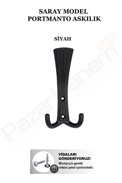 PazarHanem Saray Model Çiftli Portmanto Askılık (Siyah & Krom) - Vida Hediyeli