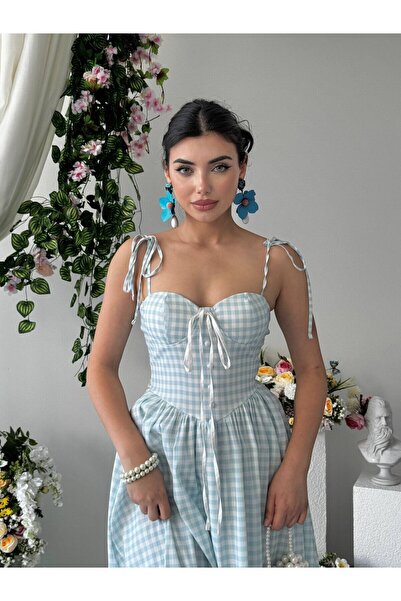 Clothes Fast فستان ماكسي نسائي من قماش البوبلين المخطط باللون الأزرق مع ياقة ...