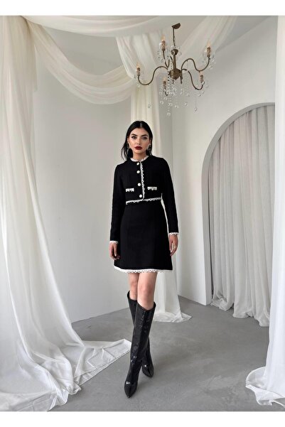 Clothes Fast Women's Black Skirt Suit with Round Neck Buttoned Jacket and Min...