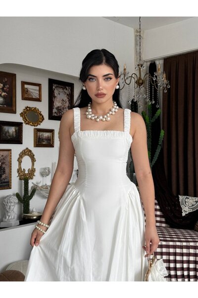 Clothes Fast Rochie midi ecru pentru femei, cu guler pătrat, bretele cu șnur ...