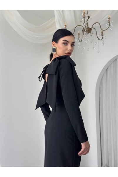 Moda Days Women's Black Midi Dress with Crew Neck, Bow Detail on the Shoulder and Slit