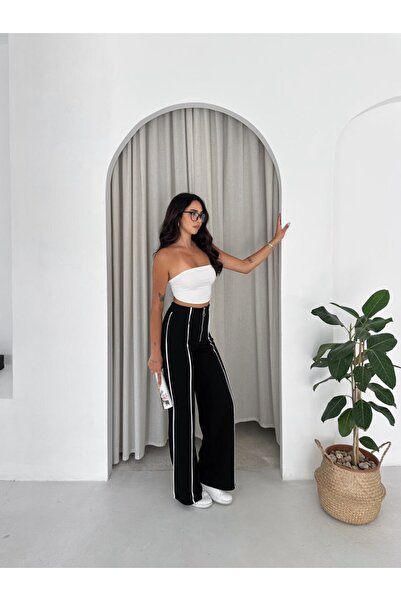 winmoda Kadın Yüksek Bel Öne Fermuarlı Beyaz Şeritli Çelik İnterlok Esnek Pantolon