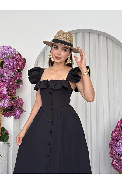 Moda Days Women's Black Midi Dress Square Neck Ruffled Balloon Sleeves Button...