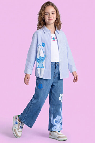 R&B Stitch Print Shirt with Classic Collar and Long Sleeves