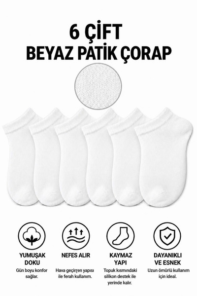 6’lı Paket Unisex Patik Çorap Seti – Pamuklu Bilek Boy Patik Çorap, Nefes Alabilir Çok Renkli (Siyah, Beyaz, Gri) Kısa Çorap