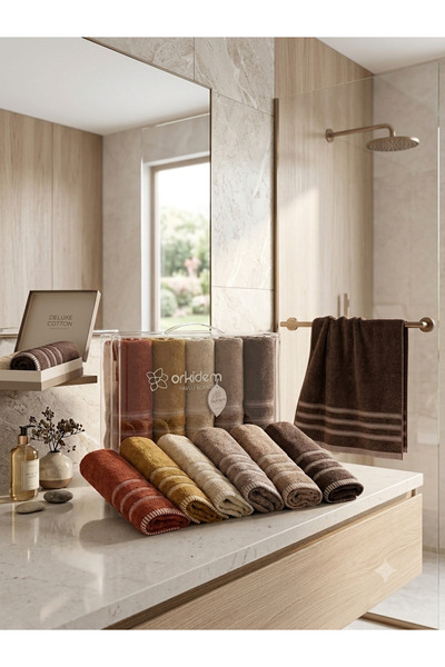 İz Home Pamuklu 6lı El & Baş Havlusu Seti | 50x90cm | Kalın Dolgun | Ultra Emici | Effect Fitilli | Kahve Tonları | Orkidem