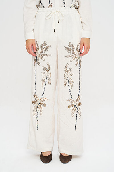 Orfeo Negro Women's Palm Bead Embroidered Ecru Palazzo Trousers with Elastic ...
