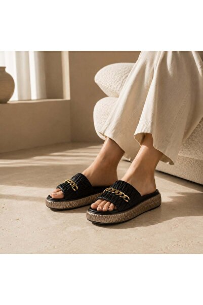 rs riva shoes RIVA Kadın Gold Zincir Detaylı Kalın Taban EVA Platform Terlik ...