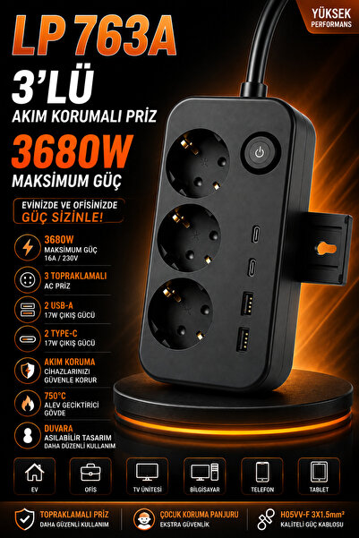 Kılıforyum Akım Korumalı 3'lü Topraklamalı Priz 3680W 2 USB 2 Type-C Çıkışlı ...