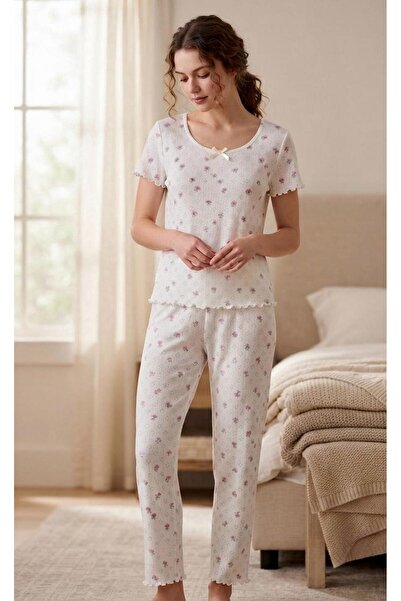 Çağrı Seamlife 1800 Floral 100% Cotton Perforated Fabric Round Neck Pajama Set