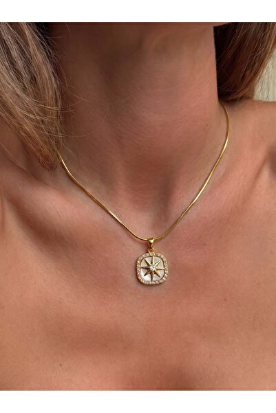 Eylülün Takısı Women's Gold Color Stone Pole Star Steel Necklace