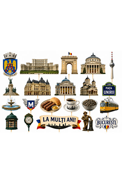 DecoParty Set de decorațiuni pentru tort – Tematică BUCURESTI, 21 de piese, C...