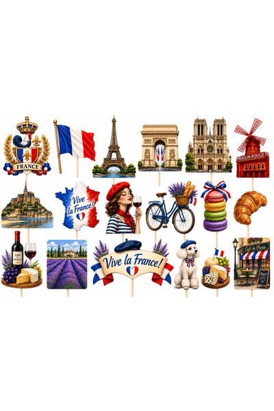 DecoParty Set de decorațiuni pentru tort – Tematică Franța, 18 piese, Carton,...