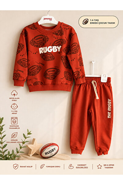 POYRAZ Erkek Çocuk Rugby Baskılı 2’li Eşofman Takımı – Sweatshirt & Jogger Pa...