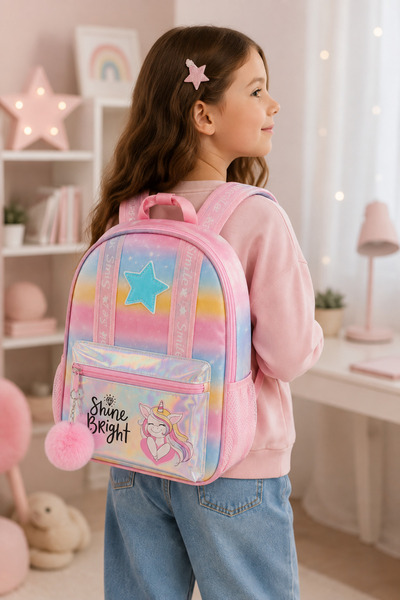 shine Pink Kindergarten Backpack with Rainbow Glitter and Unicorn, Spacious C...