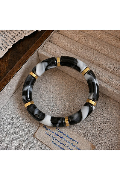 synshop Black Gray White Bone Marble Patterned Gold Spacer Bohemian Vintage T...