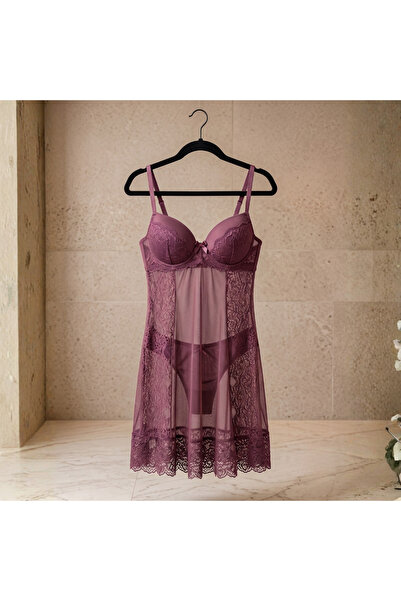 Lamis Nawar Code 1360 Underwire Molded Cup Lace & Polka Dot Mesh Babydoll Nig...