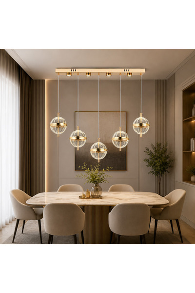 kra avize Orbis 5'Li 3 Renk Modern LED Sarkıt Avize Gold Küre Masa Üstü, Bar ...