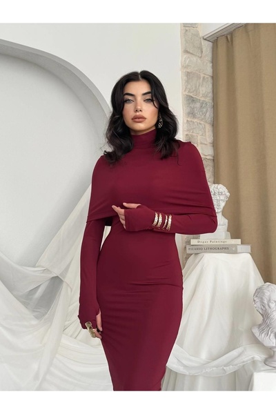 Clothes Fast Women's Burgundy Midi Dress with Cape Detail, Turtleneck, Long S...